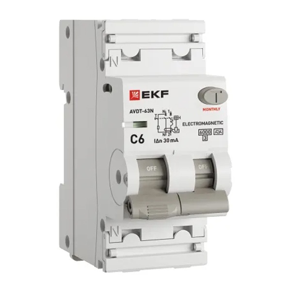 Дифавтомат EKF PROxima АВДТ-63N 1P+N C6А 30мА тип А однофазный электромеханический 6кА (дифференциальный автомат, АВДТ)