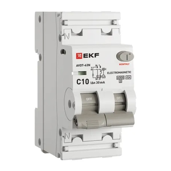 Дифавтомат EKF PROxima АВДТ-63N 1P+N C10А 30мА тип А однофазный электромеханический 6кА (дифференциальный автомат, АВДТ)