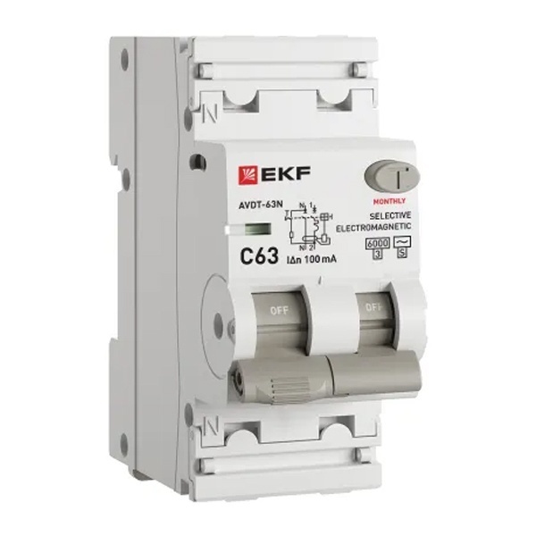 Дифавтомат EKF PROxima АВДТ-63N (S) 1P+N C63А 100мА тип АС однофазный селективный электромех. 6кА (дифференциальный автомат, АВДТ)