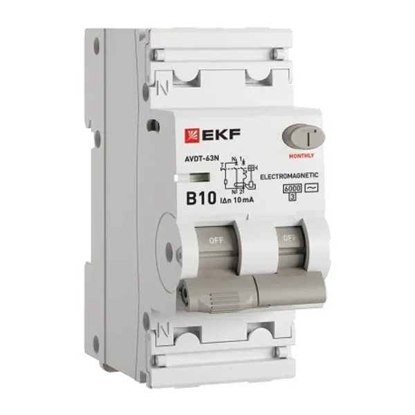 Дифавтомат EKF PROxima АВДТ-63N 1P+N B10А 10мА тип АС однофазный электромеханический 6кА (дифференциальный автомат, АВДТ)
