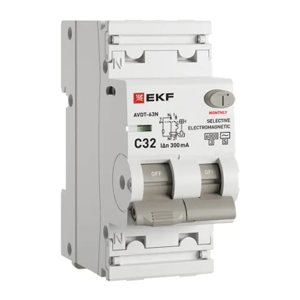 Дифавтомат EKF PROxima АВДТ-63N (S) 1P+N C32А 300мА тип АС однофазный селективный электромех. 6кА (дифференциальный автомат, АВДТ)