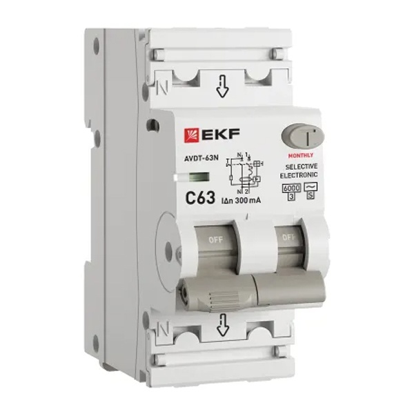 Дифавтомат EKF PROxima АВДТ-63N (S) 1P+N C63А 300мА тип АС однофазный селективный электронный 6кА (дифференциальный автомат, АВДТ)