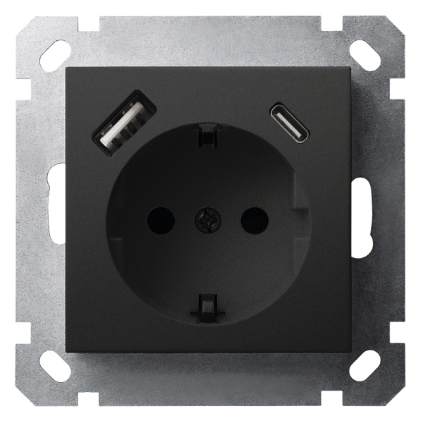 Розетка с заземлением со шторками Jasmart G 16A USB A+C 25W, черный матовый