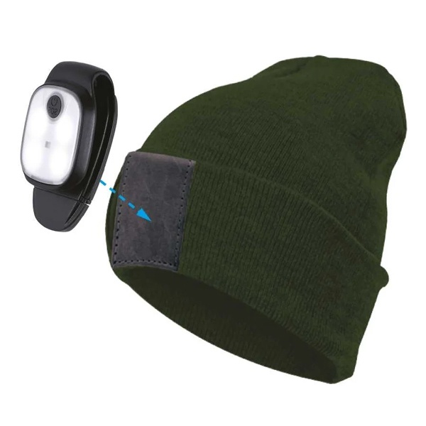 Шапка с фонариком 215х205х5 хакки (фонарь 68х40х23мм съемный; аккум. 3.7В/300mAh) 3 режима свечения