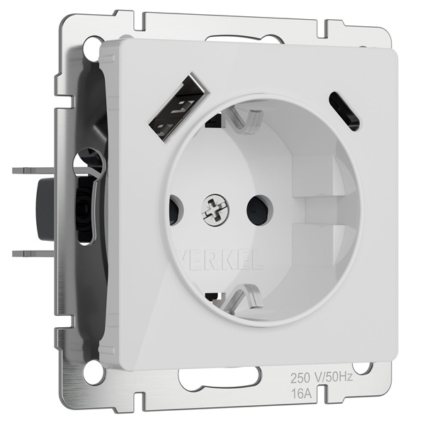 Розетка с заземлением, шторками и USB тип A+C Werkel акрил белый