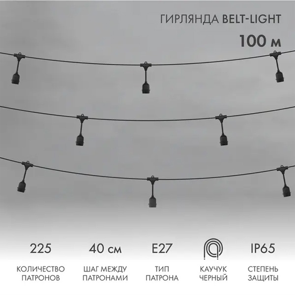 Гирлянда Белт-Лайт 2 жилы шаг 40 см патроны E27 влагостойкая IP65 черный провод каучук (бухта 100м)