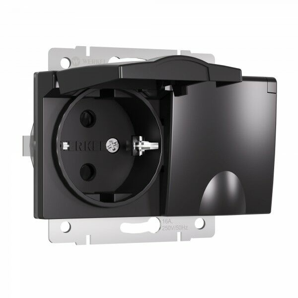 Розетка влагозащищенная с заземлением с крышкой и шторками IP44 Werkel черный матовый