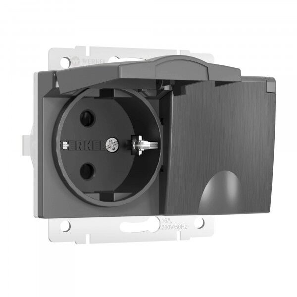 Розетка двойная влагозащищенная с заземлением с крышкой и шторками IP44 Werkel графит рифленый