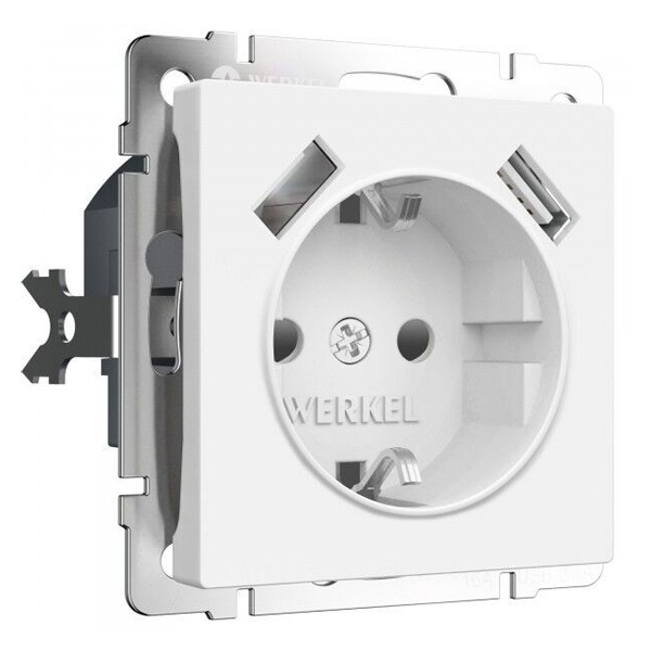Розетка с заземлением, шторками и USBх2 2,1А Werkel белый матовый