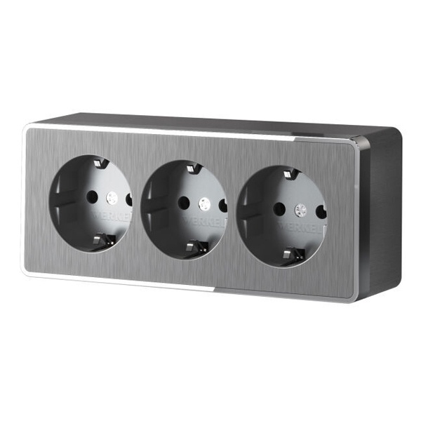 Розетка накладная тройная с заземлением и шторками Werkel Gallant графит рифленый