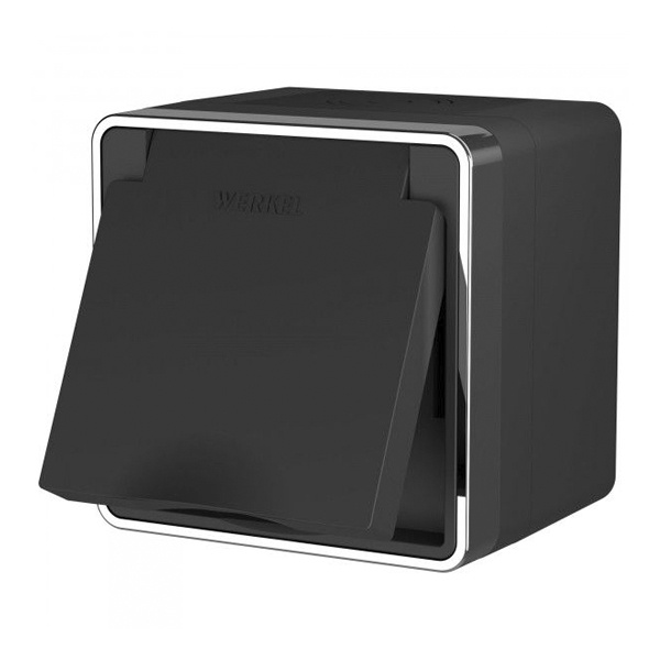 Розетка накладная влагозащищенная с заземлением с крышкой и шторками IP44 Werkel Gallant черный/хром