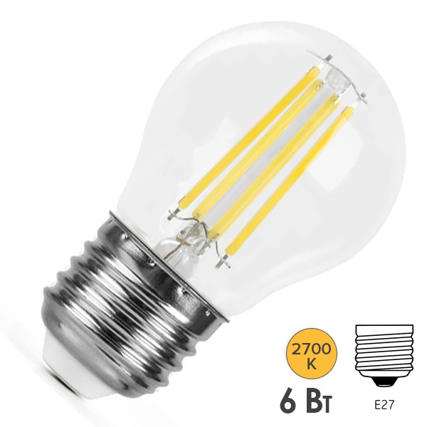 Лампа светодиодная филаментная шарик Feron PRO LB-1706 G45 6W 2700K 175-265V E27 960Lm теплый свет