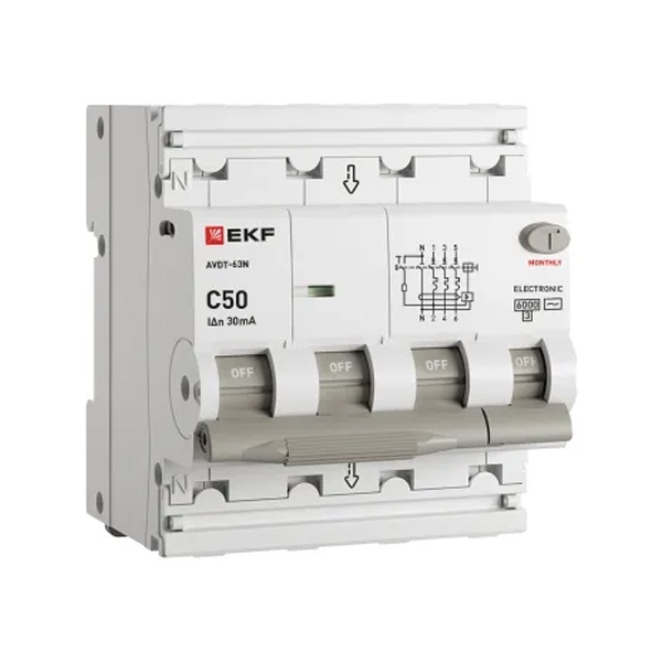 Дифавтомат EKF PROxima АВДТ-63N 3P+N 50А 30мА характеристика C тип АС трехфазный электронный 6кА (дифференциальный автомат, АВДТ)