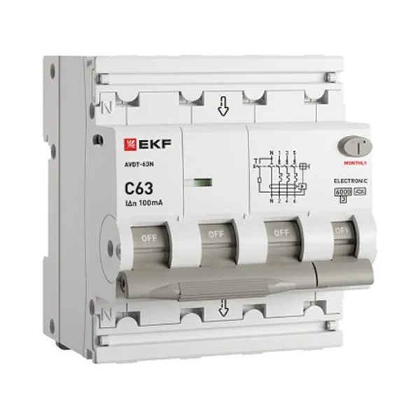 Дифавтомат EKF PROxima АВДТ-63N 3P+N 63А 100мА характеристика C тип А трехфазный электронный 6кА (дифференциальный автомат, АВДТ)