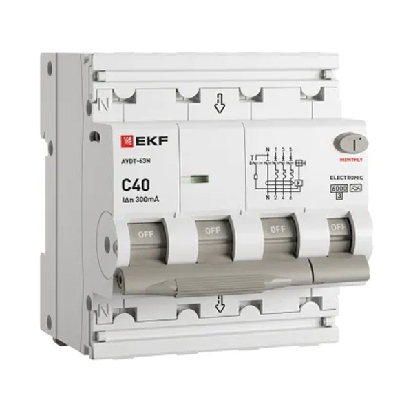 Дифавтомат EKF PROxima АВДТ-63N 3P+N 40А 300мА характеристика C тип А трехфазный электронный 6кА (дифференциальный автомат, АВДТ)