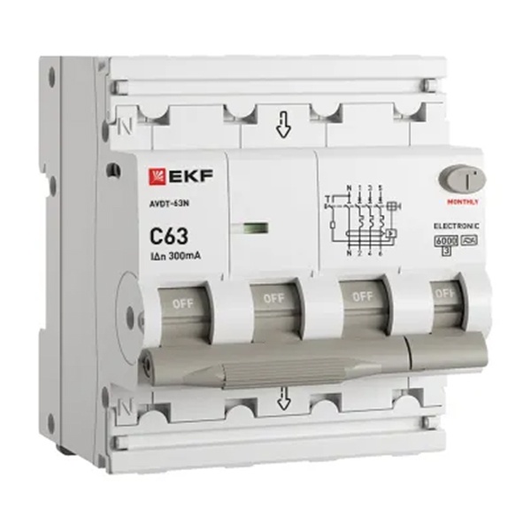 Дифавтомат EKF PROxima АВДТ-63N 3P+N 63А 300мА характеристика C тип А трехфазный электронный 6кА (дифференциальный автомат, АВДТ)