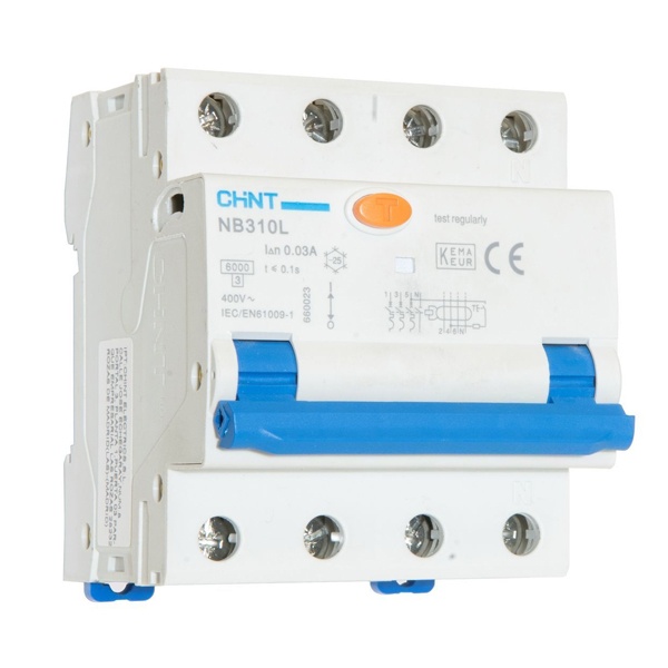 Дифференциальный автомат Chint NB310L С16А 3P+N 30мА тип A трехфазный электромеханический 6кА 4м (дифавтомат, АВДТ)