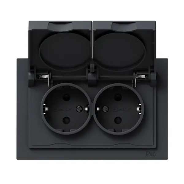 Двойная розетка EKF 2х2P+E 16А с защитными шторками с крышкой с рамкой IP44 Эпика графит