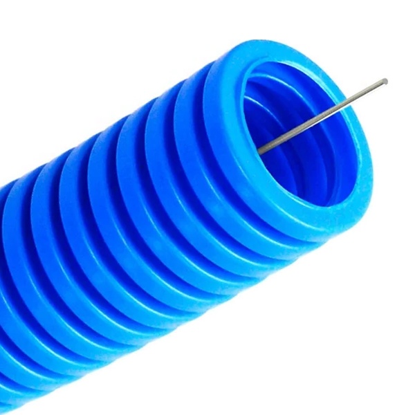 Труба гофрированная ПП Промрукав тяжёлая 750 Н безгалогенная (HF) синяя с/з д20 [бухта 100м] (гофра для кабеля)