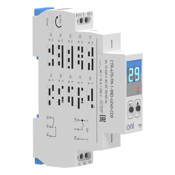 Реле времени многофункциональное ONI (ИЭК) TM с дисплеем 16А 1NO/NC 12-240В AC/DC