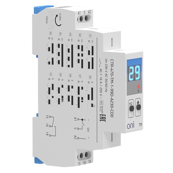 Реле времени многофункциональное ONI (ИЭК) TM с дисплеем 16А 2NO/NC 230В AC