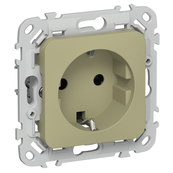 Розетка с заземлением ИЭК FLITE РСш11-1-ФлО 16А шторки автозажим оливковый