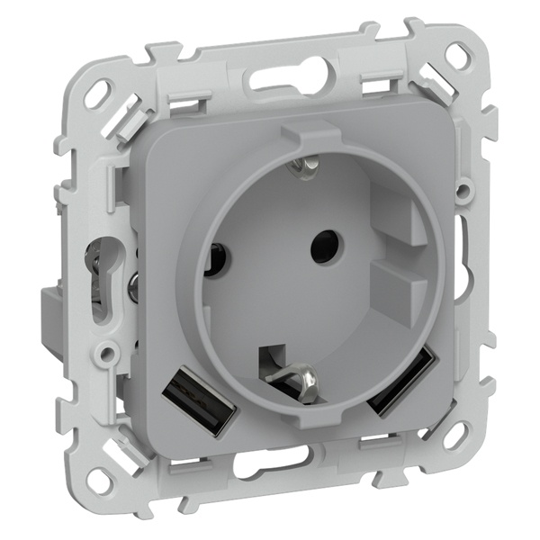 Розетка с зарядкой 2Р+Е со шторками ИЭК FLITE РСЮша11-1-ФлС 16А с USB AA 3,1А автозажим серый