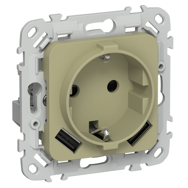 Розетка с зарядкой 2Р+Е со шторками ИЭК FLITE РСЮша11-1-ФлО 16А с USB AA 3,1А автозажим оливковый