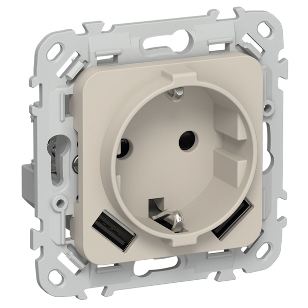 Розетка с зарядкой 2Р+Е со шторками ИЭК FLITE РСЮша11-1-ФлЛ 16А с USB AA 3,1А автозажим льняной