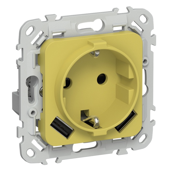 Розетка с зарядкой 2Р+Е со шторками ИЭК FLITE РСЮша11-0-ФлЖК 16А с USB AA 3,1А желтый карри