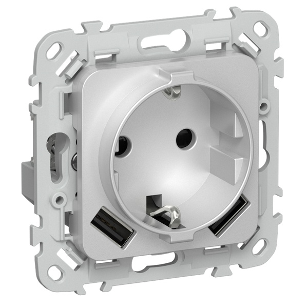 Розетка с зарядкой 2Р+Е со шторками ИЭК FLITE РСЮша11-0-ФлА 16А с USB AA 3,1А алюминий