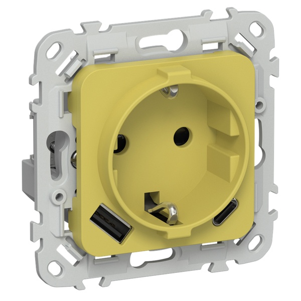Розетка с зарядкой 2Р+Е со шторками ИЭК FLITE РСЮшс11-1-ФлЖК 16А с USB AC 20Вт автозажим желтый карр