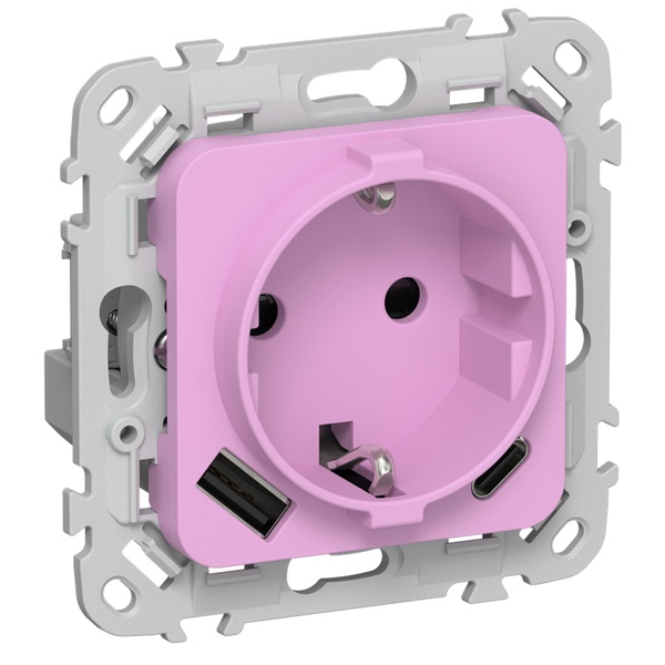 Розетка с зарядкой 2Р+Е со шторками ИЭК FLITE РСЮшс11-1-ФлПр 16А с USB AC 20Вт автозажим пурпурный