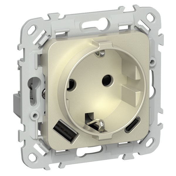 Розетка с зарядкой 2Р+Е со шторками ИЭК FLITE РСЮшс11-0-ФлШ 16А с USB AC 20Вт шампань