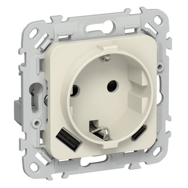 Розетка с зарядкой 2Р+Е со шторками ИЭК FLITE РСЮшс11-0-ФлСл 16А с USB AC 20Вт сливочный