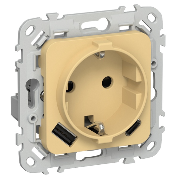 Розетка с зарядкой 2Р+Е со шторками ИЭК FLITE РСЮшс11-0-ФлЗ 16А с USB AC 20Вт золотарник