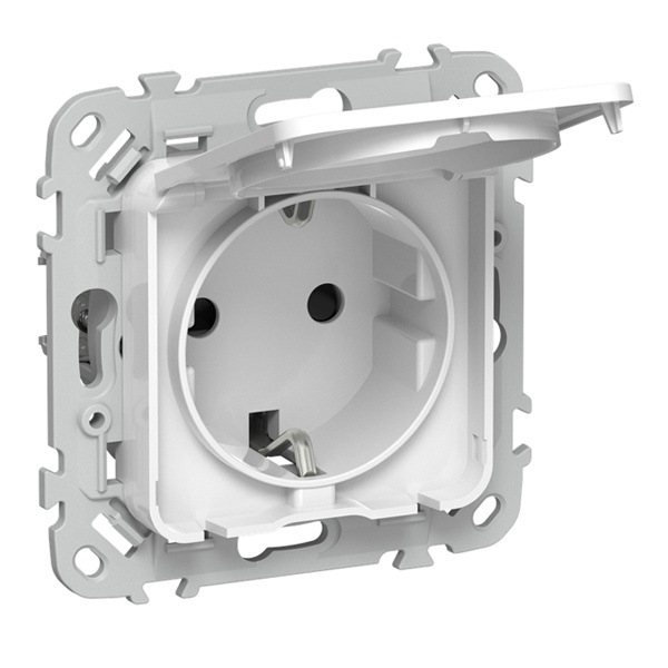 Розетка с заземлением ИЭК FLITE РСшкр11-1-44-ФлБ 16А шторки крышка IP44 автозажим белый