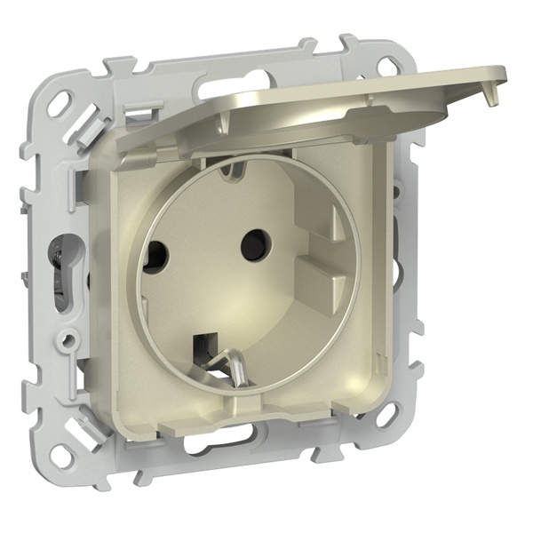 Розетка с заземлением ИЭК FLITE РСшкр11-1-44-ФлШ 16А шторки крышка IP44 автозажим шампань