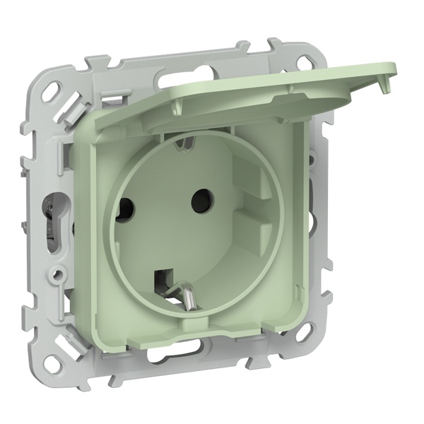 Розетка с заземлением ИЭК FLITE РСшкр11-1-44-ФлФ 16А шторки крышка IP44 автозажим фисташковый