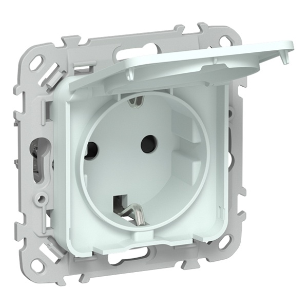 Розетка с заземлением ИЭК FLITE РСшкр11-1-44-ФлХЛ 16А шторки крышка IP44 автозажим холодный лёд