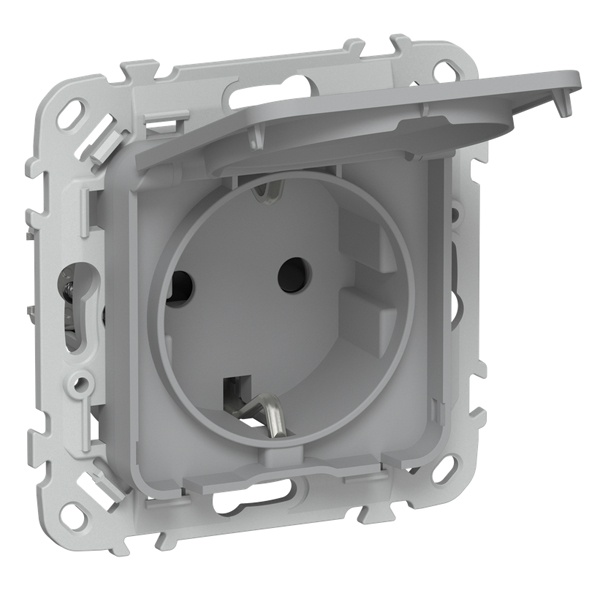 Розетка с заземлением ИЭК FLITE РСшкр11-0-44-ФлС 16А шторки крышка IP44 серый
