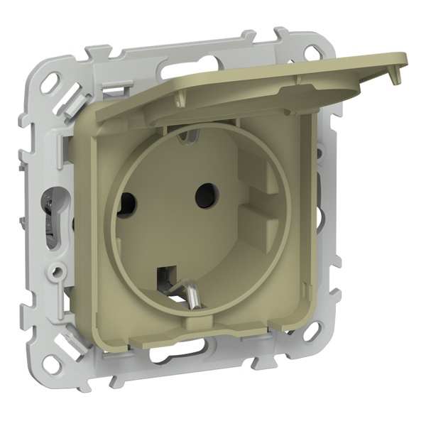 Розетка с заземлением ИЭК FLITE РСшкр11-0-44-ФлО 16А шторки крышка IP44 оливковый