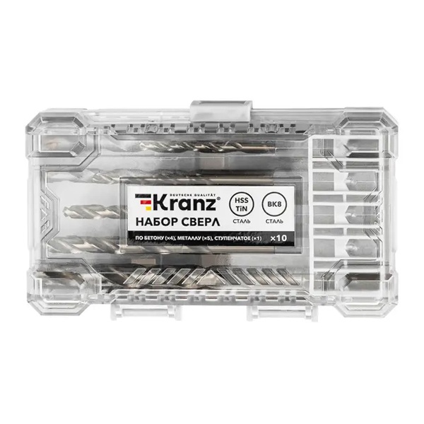 Набор сверл комбинированный Kranz 10 предметов (сверла по металлу 5шт, по бетону 4шт и ступенчатое)
