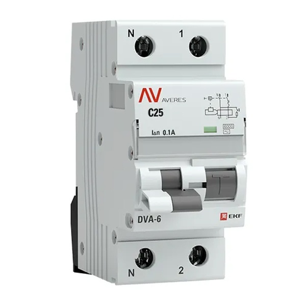 Дифавтомат EKF AVERES DVA-6 C25А 1P+N 100мА тип AC однофазный электромеханический 6кА (дифференциальный автомат, АВДТ)