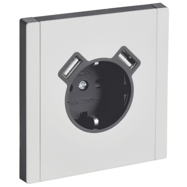 Розетка с зарядкой ИЭК FORTE&PIANO FP245M 2Р+Е 16А шторки USB A+A 3,1А металл белый