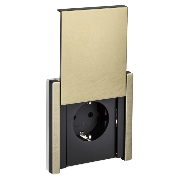 Розетка с заземлением ИЭК FORTE&PIANO FP619M 16А шторки крышка автозажим IP44 металл шампань