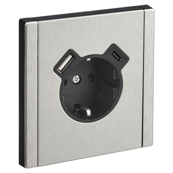 Розетка с зарядкой ИЭК FORTE&PIANO FP747M 2Р+Е 16А шторки USB A+C 18Вт металл никель