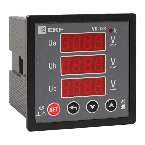 Вольтметр цифровой на панель EKF трехфазный 30-500В АС 0,5 72х72х80мм