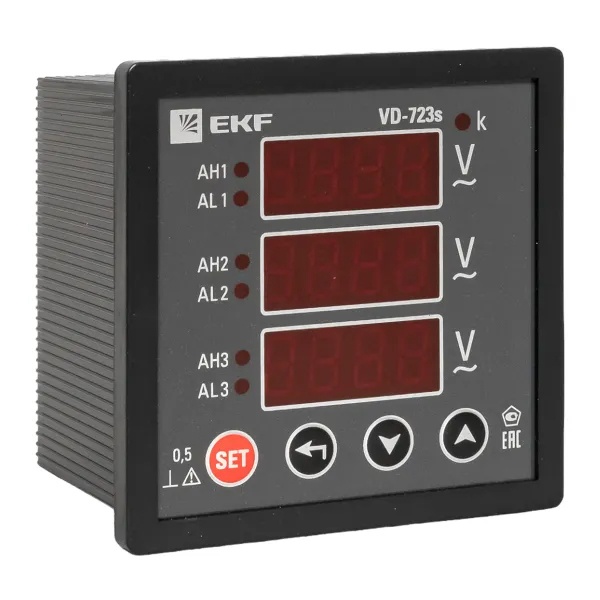 Вольтметр цифровой на панель EKF трехфазный 30-500В АС 0,5 в коротком корпусе 72х72х65мм