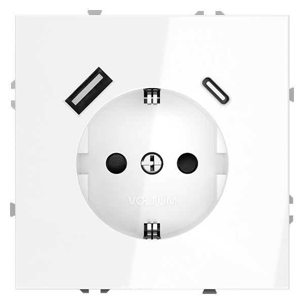 Розетка встраиваемая Voltum S70 с заземлением и защитными шторками 16А с USB A+С белый глянцевый